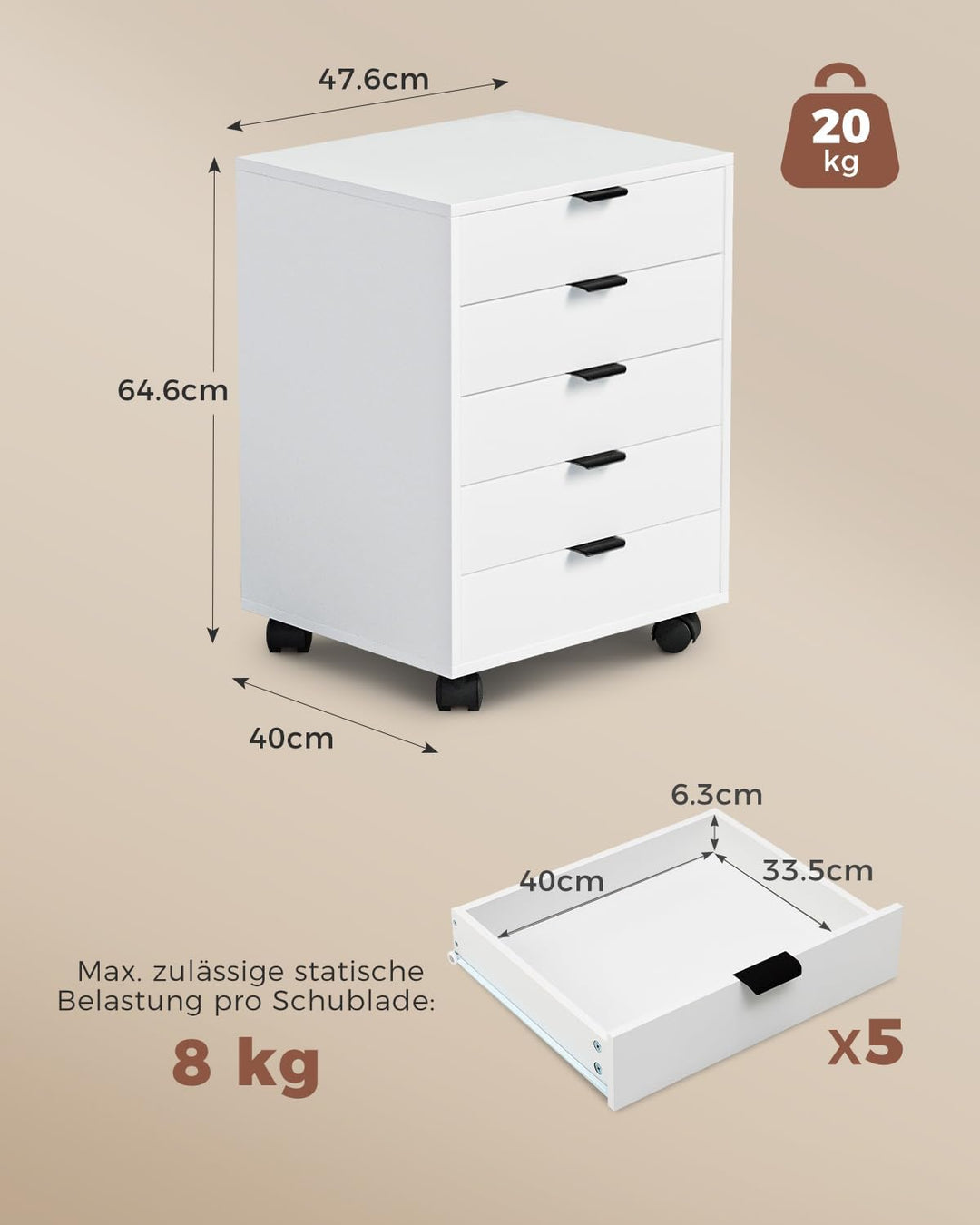 ELUCHANG Schubladenschrank, Rollcontainer, Mobiler Aktenschrank mit 5 Schubladen, Unter Schreibtisch