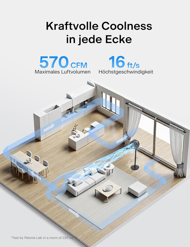 PELONIS Standventilator mit Fernbedienung Touch Display 3D Zirkulation 36.5dB Leise 10m Luftstrom Hö