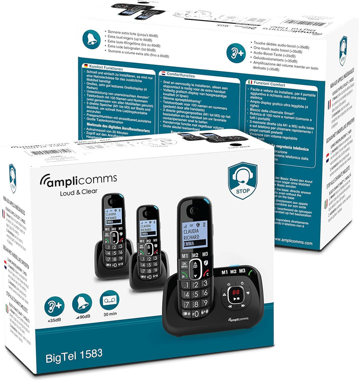 Amplicomms BigTel 1583 Trio schnurloses DECT Grosstasten Telefon, Anrufbeantworter, DREI Mobilteile,