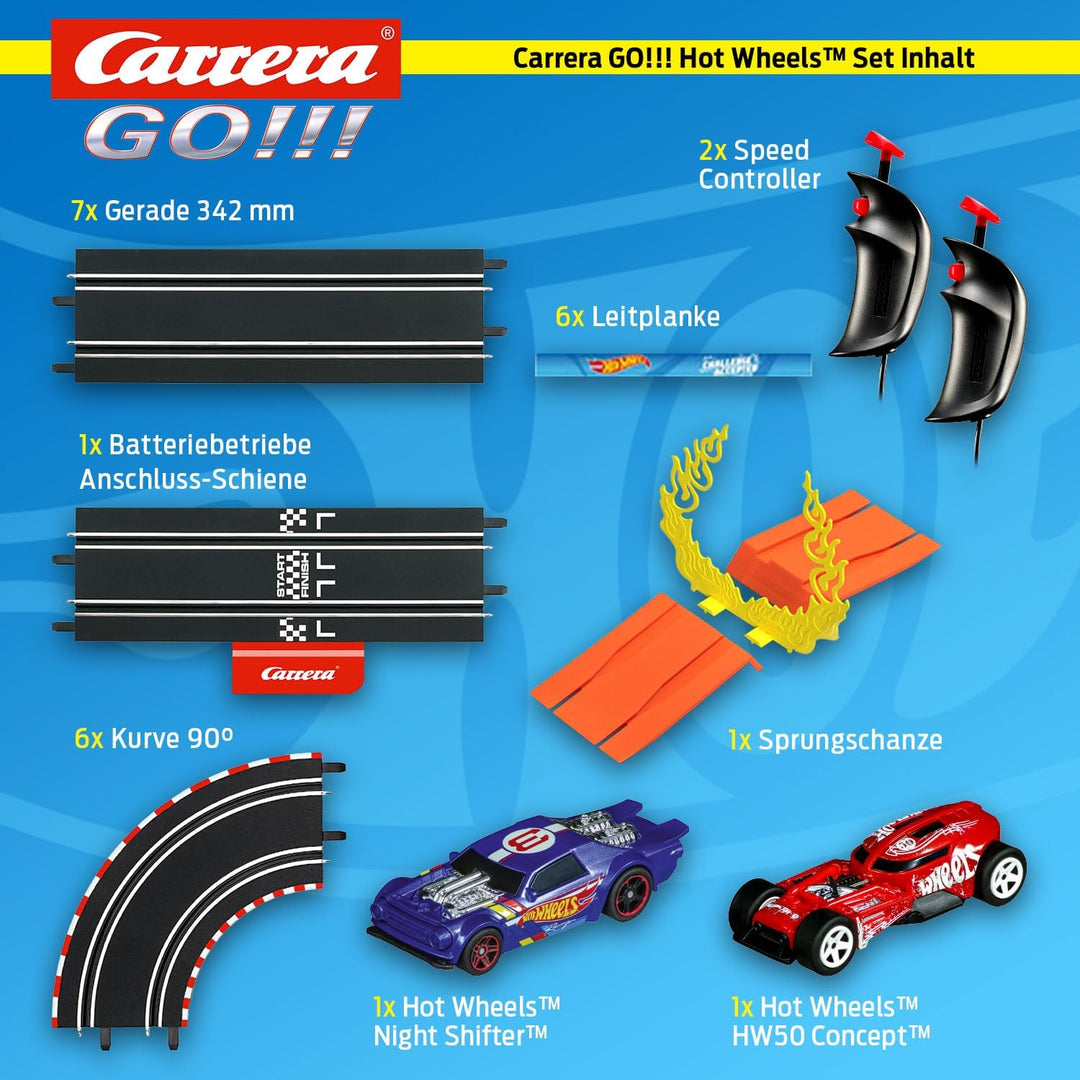 Carrera Go!!! Hot Wheels™ Rennbahn Set | Feurige Rennaction | Duell Night Shifter™ & HW50 Concept™ |