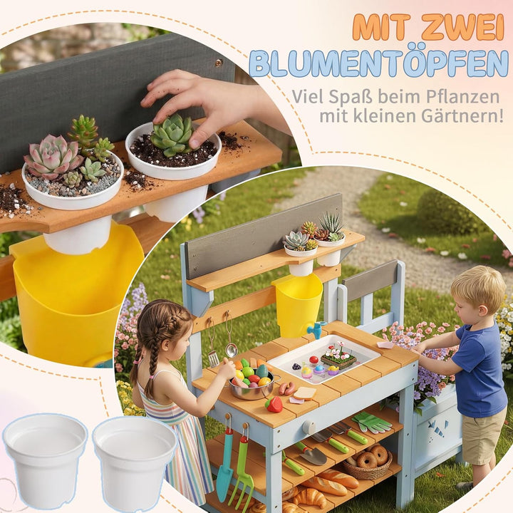 LEADZM Spielküche Matschküche Kinder Outdoor mit Pflanzkasten, Gartenspielküche mit Spüle, Wasserhah