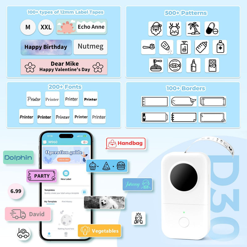 Phomemo D30 Beschriftungsgerät Selbstklebend Mini Etikettiergerät Bluetooth Etikettendrucker Label P