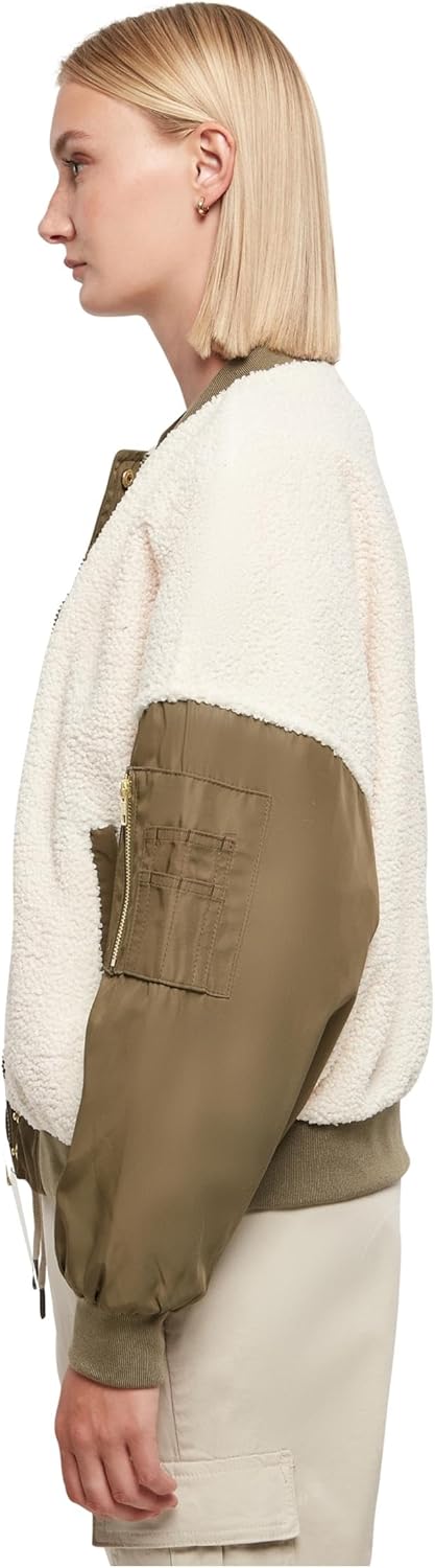 Urban Classics Damen Ladies Oversized Sherpa Mixed Bomber Jacket M whitesand/darkolive, M whitesand/