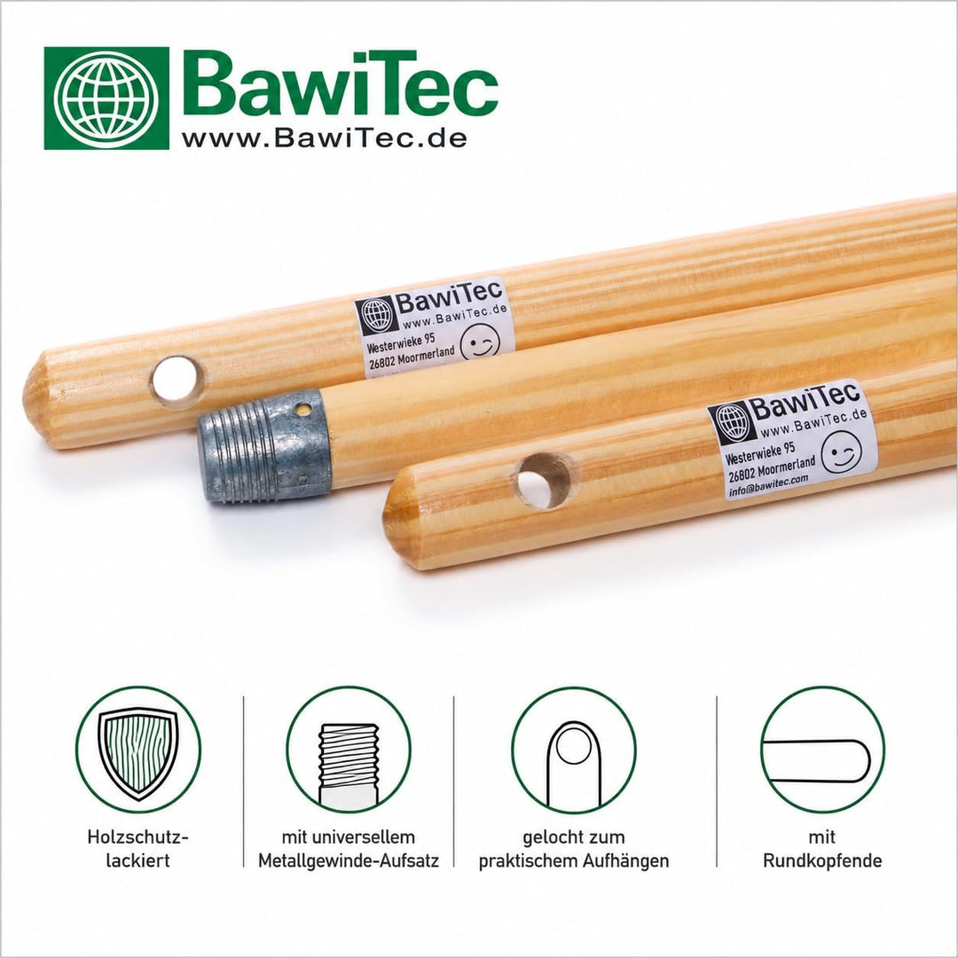 BawiTec 3 Stück Holzstiele Qualitäts Besenstiele Länge 120cm Ø 23mm Lackiert mit Aufhängeloch Standa