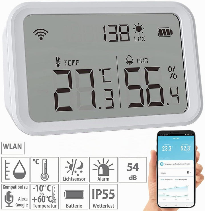 Luminea Home Control Helligkeitssensor: 3in1-WLAN-Sensor für Temperatur, Luftfeuchtigkeit und Hellig