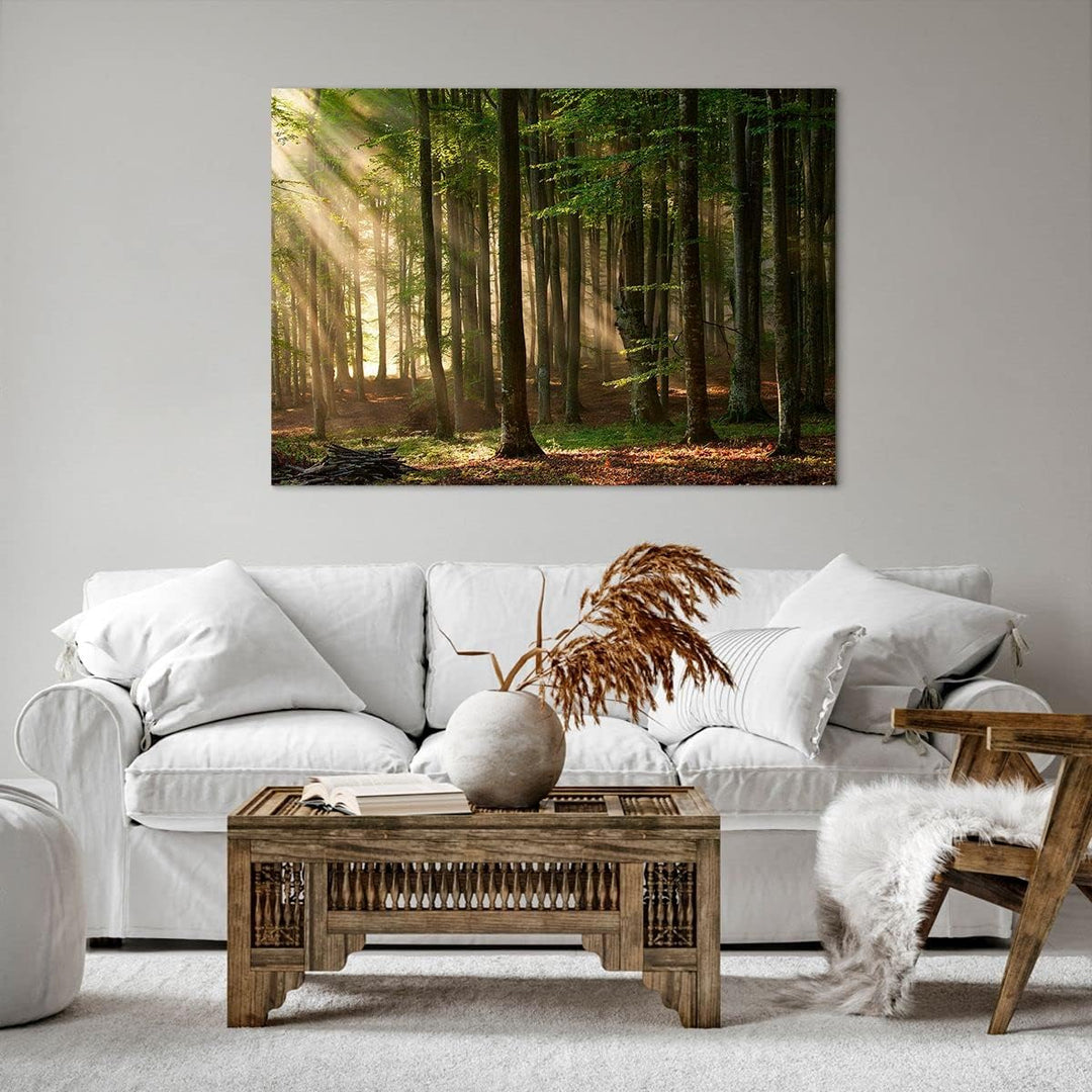 Bilder auf Leinwand 100x70cm Leinwandbild mit Rahmen Wald Baum Natur Gross Wanddeko Bild Schlafzimme