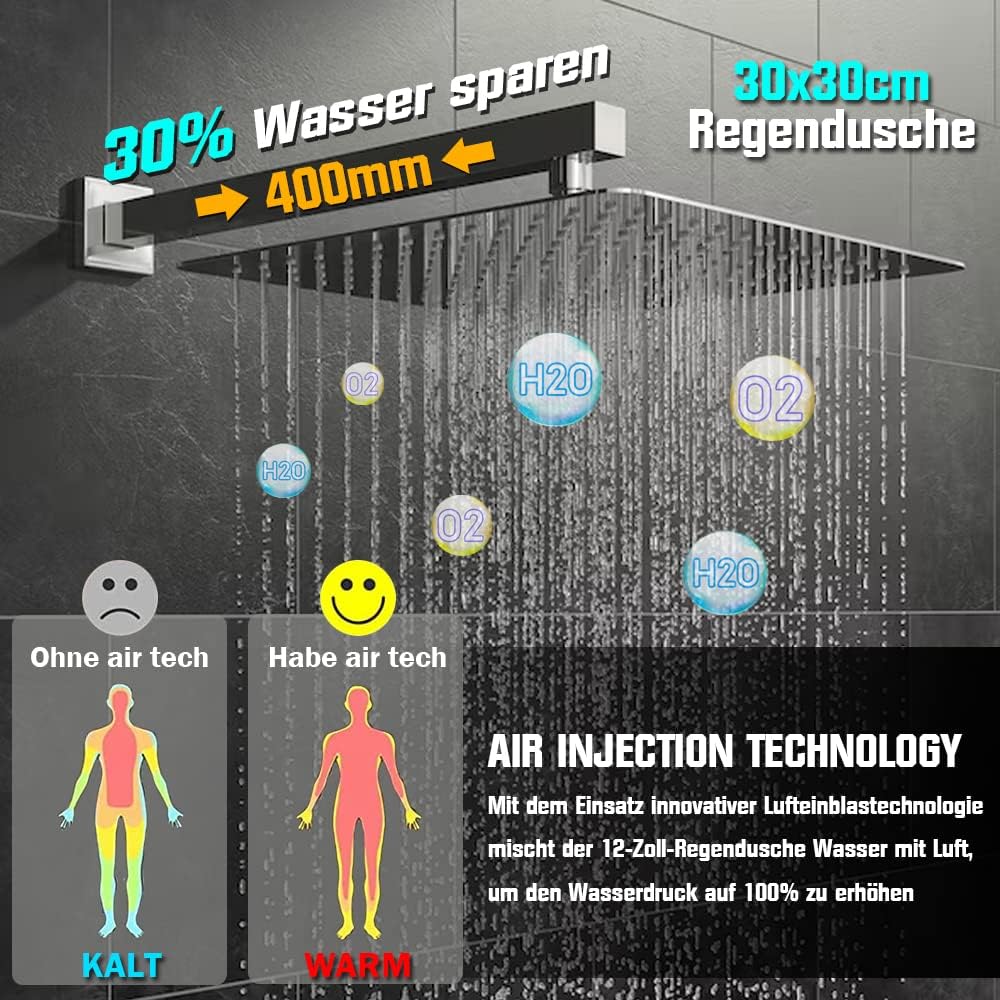 Duschsystem Unterputz Duscharmatur Set mit Regendusche 30x30cm Kopfbrause Handbrause, Unterputz Arma
