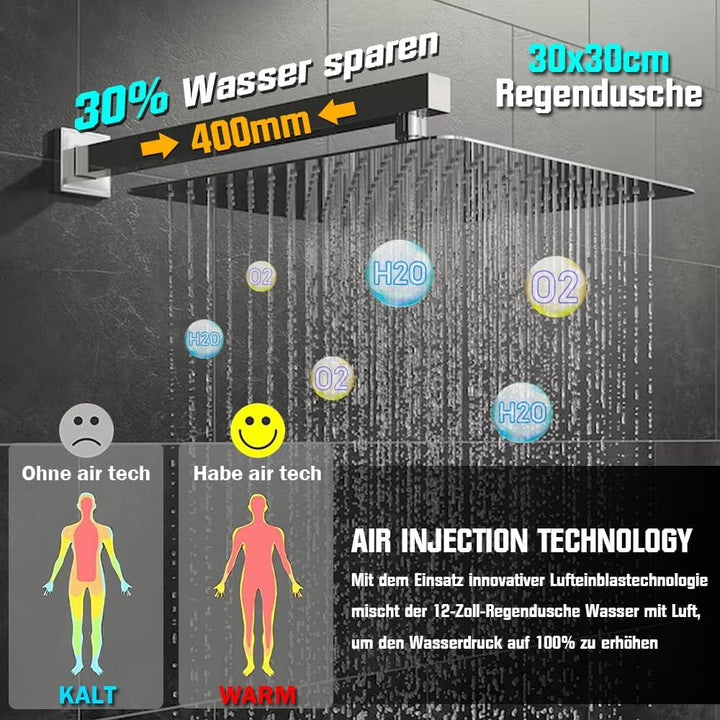 Duschsystem Unterputz Duscharmatur Set mit Regendusche 30x30cm Kopfbrause Handbrause, Unterputz Arma