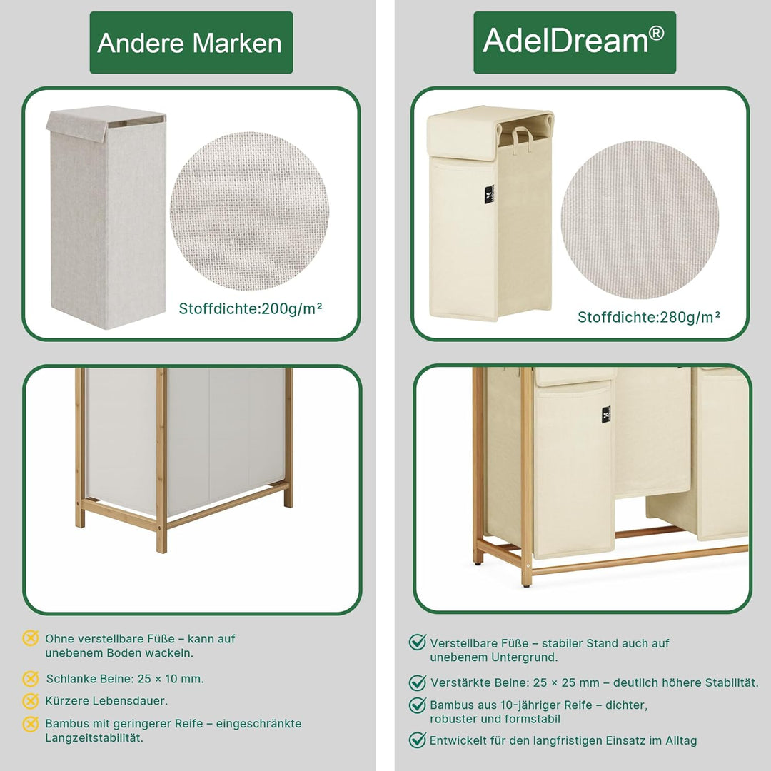 AdelDream Wäschekorb 200L – Bambus Wäschesortierer mit 4 Fächern, abnehmbarer & atmungsaktiver Wäsch