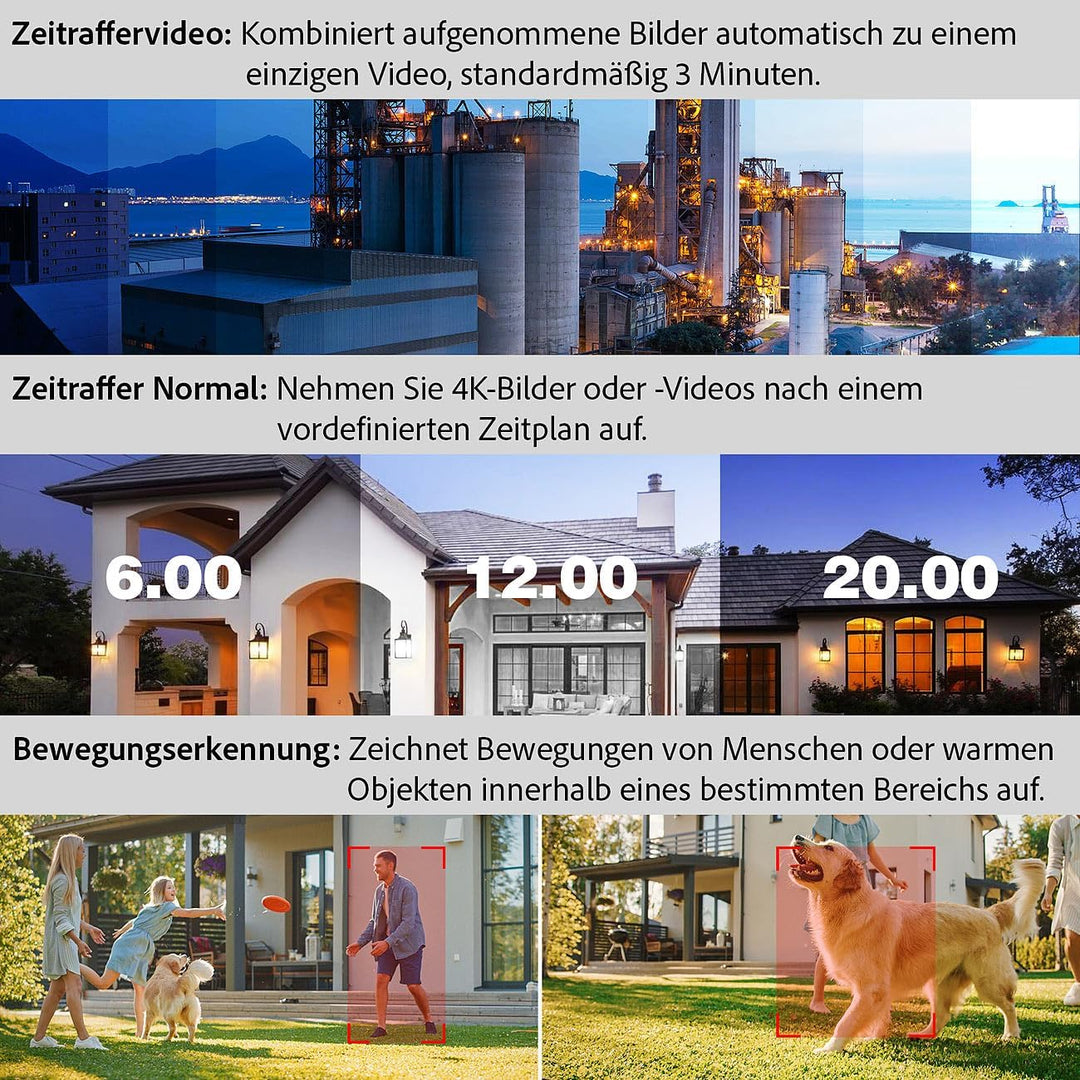 Somikon Zeitraffer Kamera: 4K-WLAN-Zeitrafferkamera, App, 20 m Farb-Nachtsicht, PIR-Sensor, Akku (Ca