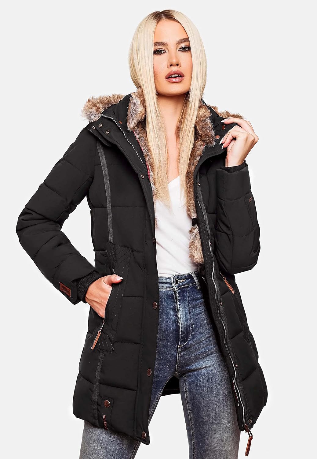MARIKOO Damen Winterjacke warme Steppjacke mit Kunstfell Innenfutter Nekoo XS-3XL S Schwarz, S Schwa