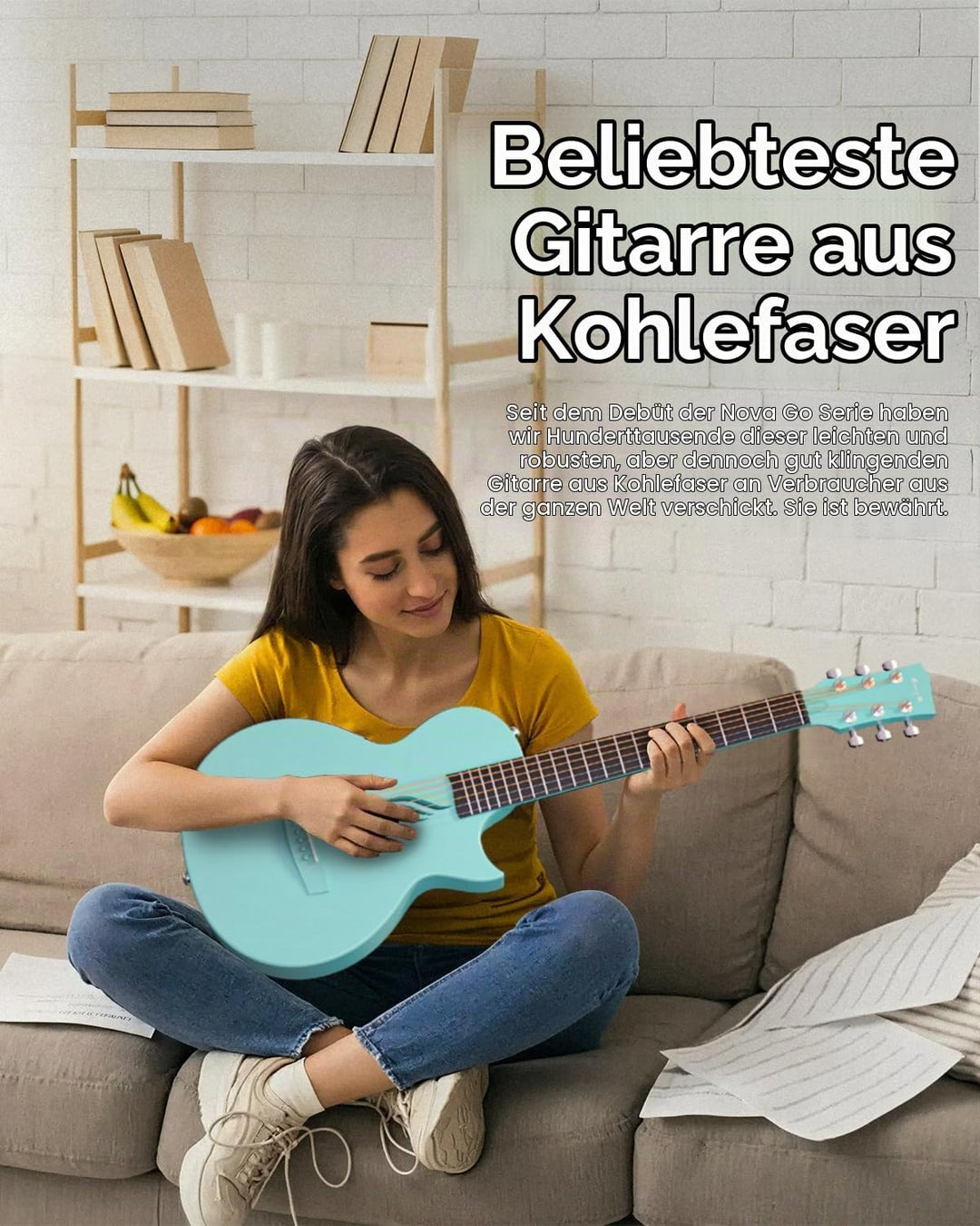 Enya E Gitarre Kinder Set - 35 Zoll Blau Nova Go SP1 Kohlefaser Akustik E-Guitar Beginner Kit mit Sm