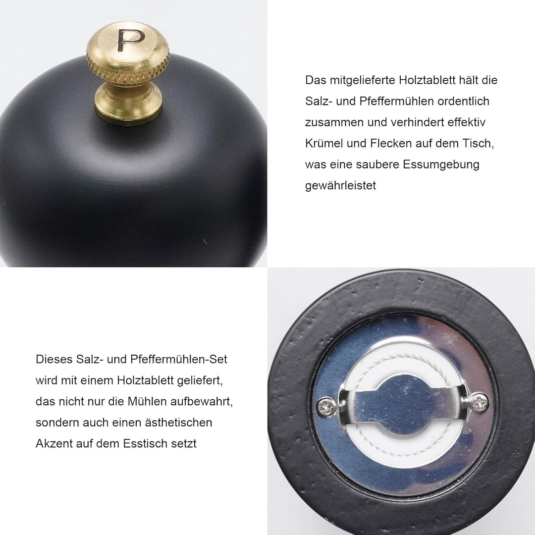 Salz und Pfeffermühle Set mit Tablett, 2 Stück manuelle Salz Pfefferstreuer, 21cm/8 Zoll Keramikmahl