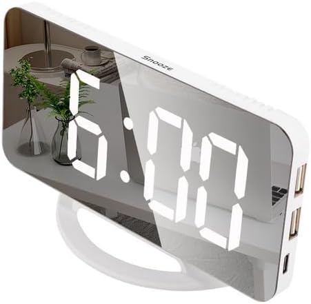 INF Digitalwecker mit Spiegelglas / weiss, Tischuhr in modernem Design mit LED-Ziffern