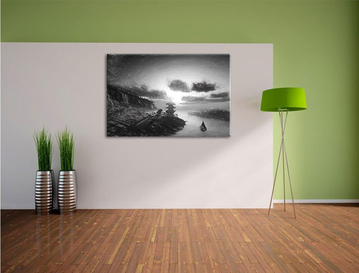 Pixxprint Chinesisches Haus am See Kunst / 100x70cm Leinwandbild bespannt auf Holzrahmen/Wandbild Ku