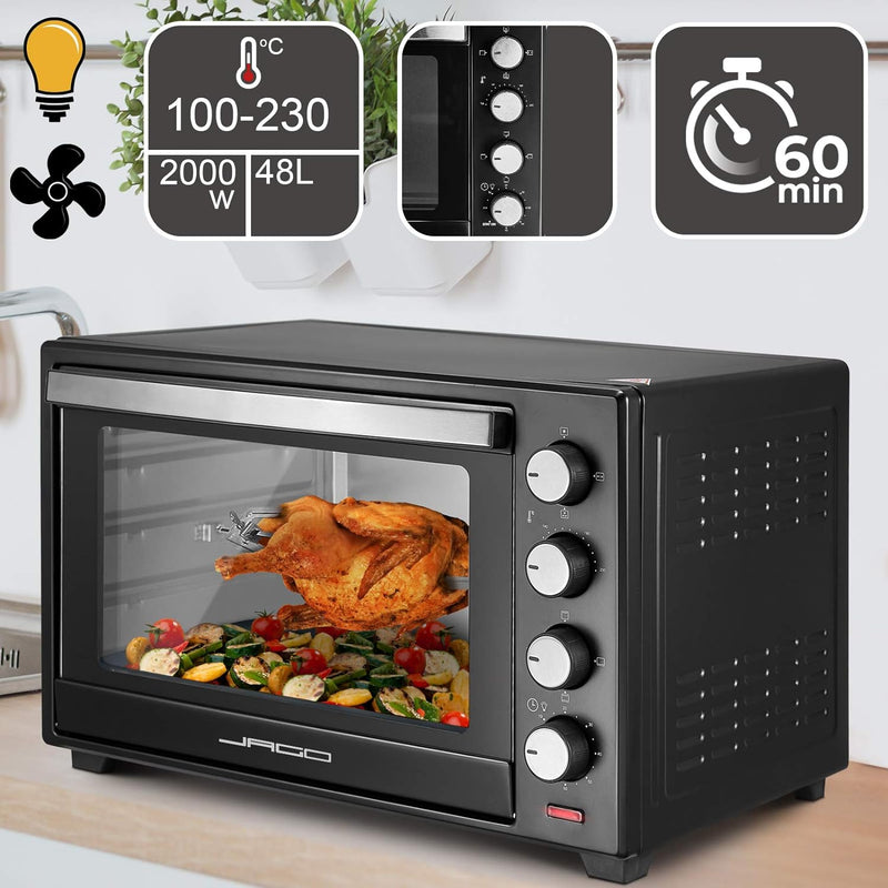 Jago® Minibackofen mit Umluft - 30/48/60L, 1600/2000W, 100 bis 230°C, Timer (0-60 Min), mit Drahtgit