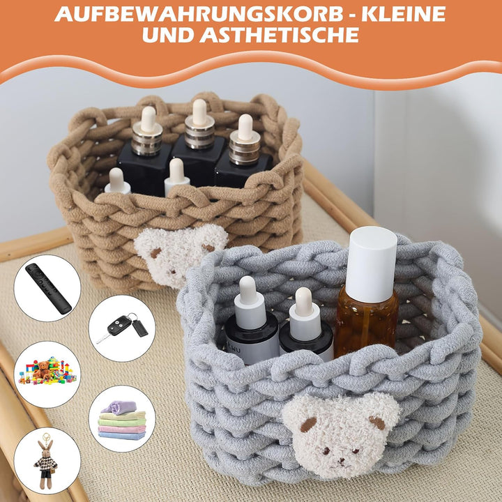 3 Stück Aufbewahrungskorb Baumwolle - Bärenmotiv Geflochten Aufbewahrung, 19x15x13cm Körbchen Aufbew