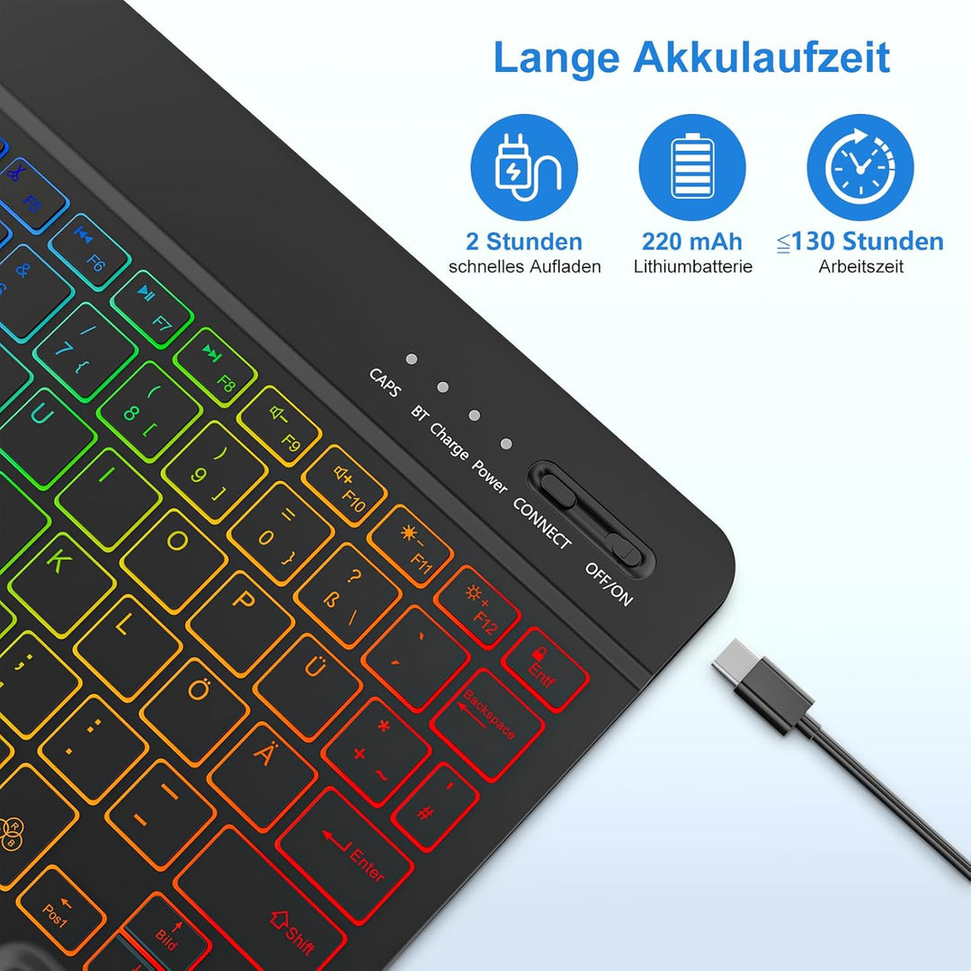 MMK Bluetooth-Tastatur, Deutsches QWERTZ-Layout mit 7-Farbiger Hintergrundbeleuchtung, Mini Wireless
