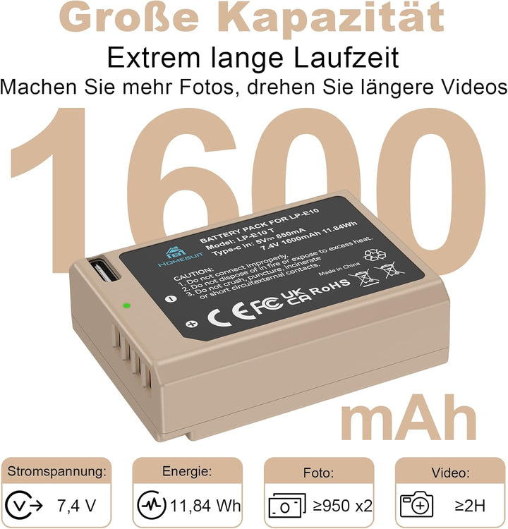 Homesuit LP-E10 Akku 1600mAh Typ-C Direktladung Ersatzakkus mit Aufbewahrungsbox für Canon EOS Rebel