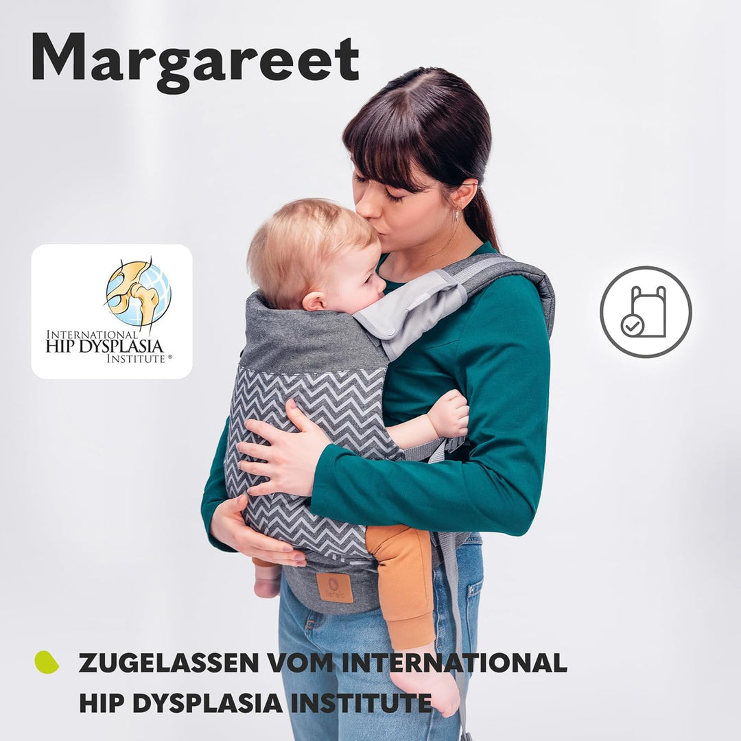 LIONELO Margareet Baby Trage, 3 Tragepositionen, richtige Position des Babys, versenkbare Haube, dop