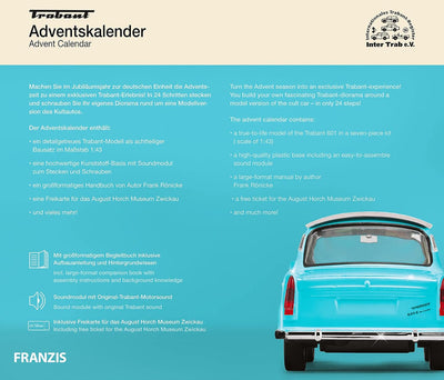FRANZIS 67115 - Trabant Adventskalender, Metall Modellbausatz im Massstab 1:43, inkl. Soundmodul und