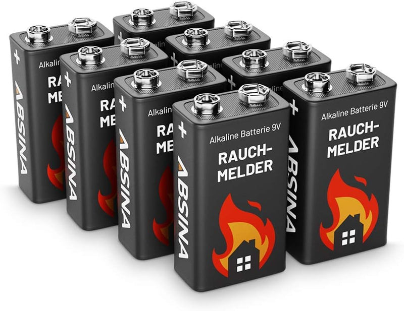 ABSINA Rauchmelder Batterie 9V Block - 8er Pack Alkaline 9V Block Batterien langlebig & auslaufsiche