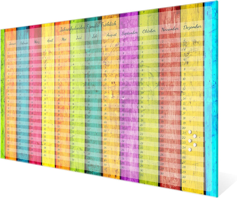 banjado® Wandkalender abwischbar aus Glas 90x60 cm/Jahresplaner abwischbar mit Motiv Regenbogen Holz