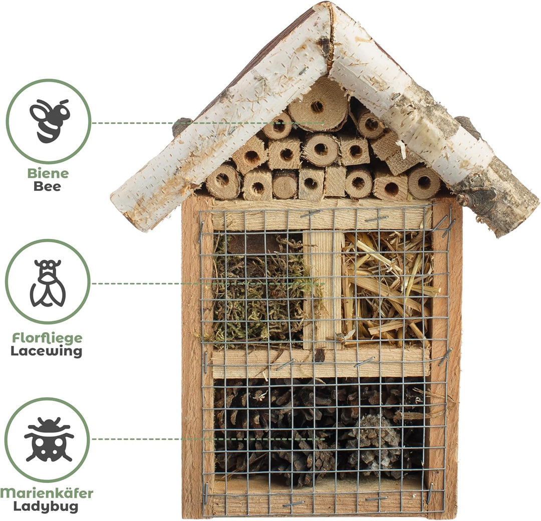 BOGATECO Bienenhotel Insektenhotel - unbehandelt, Bienenhaus aus Massiv-Holz für Bienen, Marienkäfer