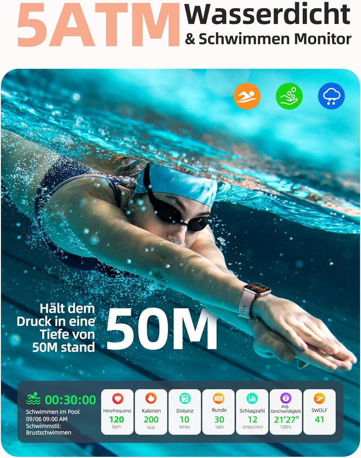 Parsonver Smartwatch Damen mit 5ATM Wasserdicht, Sportuhr zum Schwimmen, 1,8" HD Fitnessuhr Damen mi