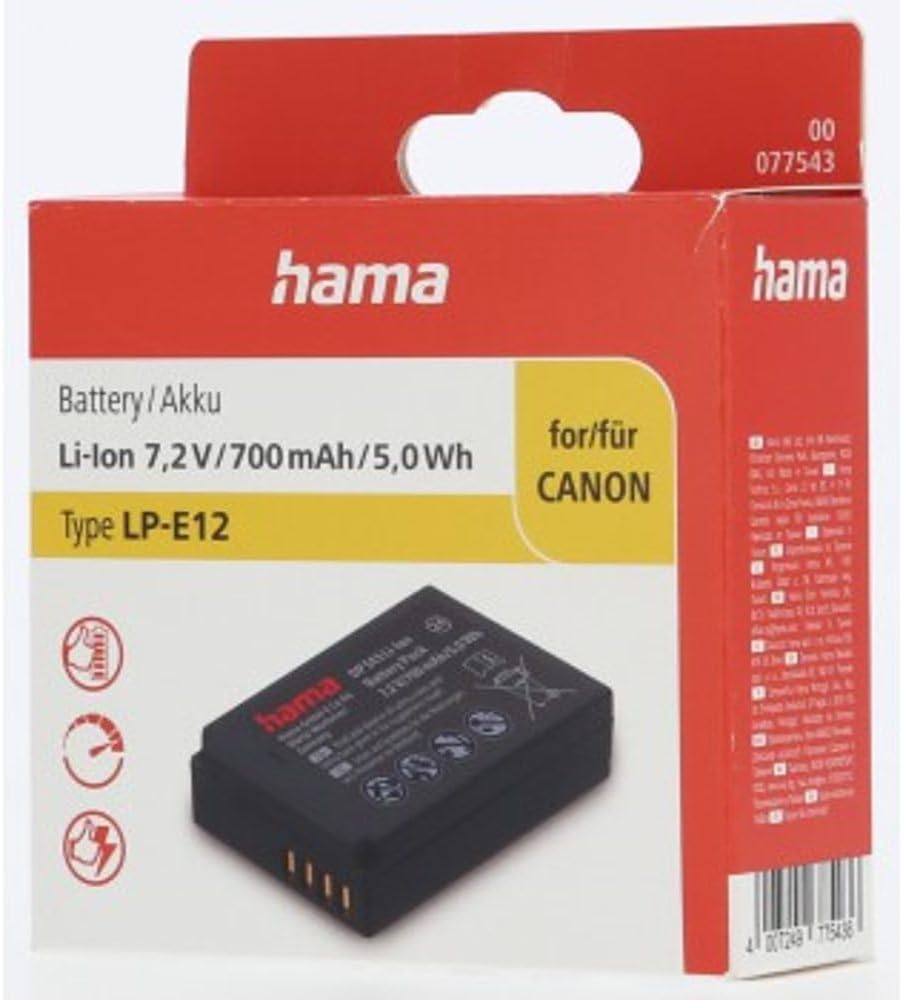 Hama Li-Ion Akku „DP543“ für Canon LP-E12 (Liion Akku, Ersatzakku, Akku Pack, Akku 700mAh, Li Ion Ak