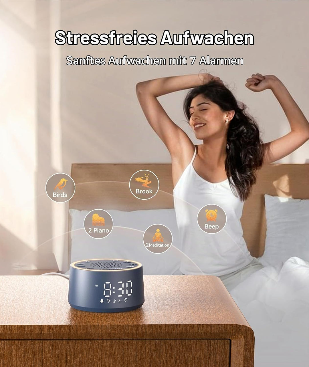 Dreamegg Sound Machine &amp; Wecker – Weissrauschgerät mit 7 Wecktönen, Dimmbarem Nachtlicht (0-100%), f