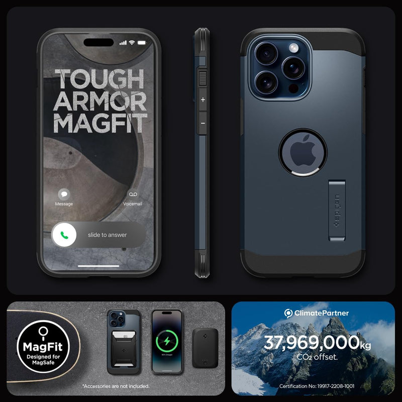 Spigen Hülle für iPhone 15 Pro Max Tough Armor MagFit Kompatibel mit MagSafe -Metal Slate, Metal Sla