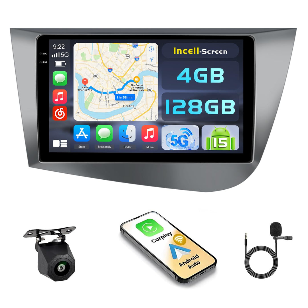Hikity Android 15 4+128G Autoradio für Seat Leon MK2 2005-2012 mit 9 Zoll Incell Touchscreen, Autora