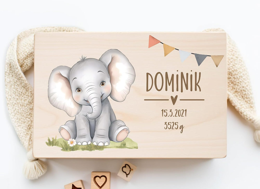 Little Deco Personalisierte Baby Erinnerungsbox mit Elefant | L - 40 x 30 x 22 cm - Design 3 | Erinn