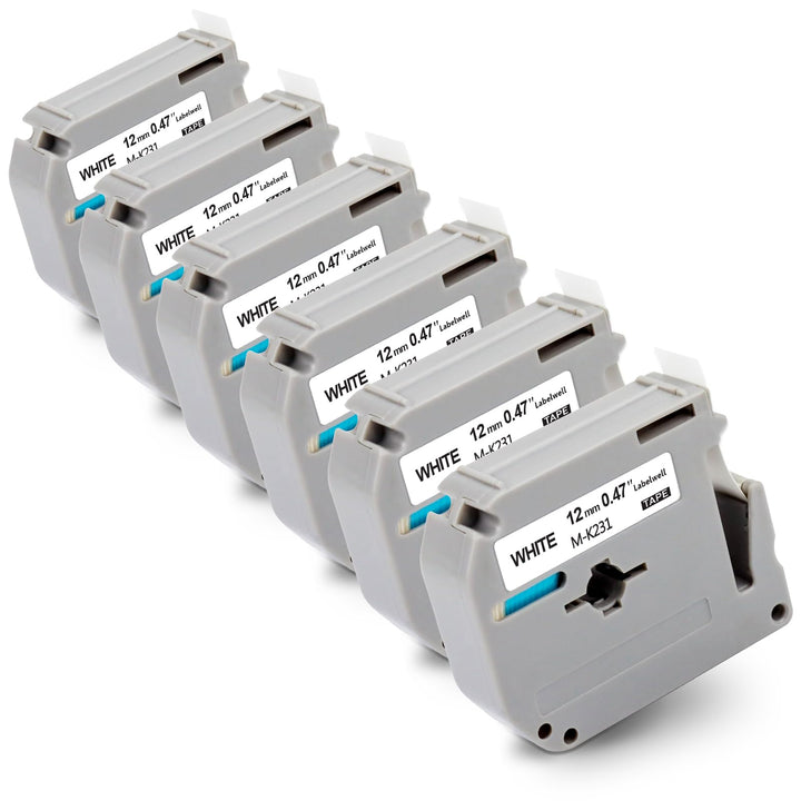 6x Labelwell Kompatibel für Brother M-K231 MK-231 12mm Schriftband für M-K231S MK231S MK231BZ White
