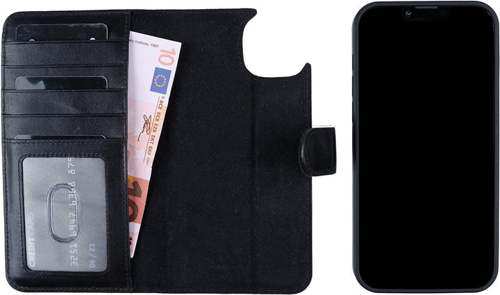 HANS/SON Echtlederhülle für iPhone 14 Plus | 6,7 Zoll | 2 in 1 Ledercase mit Kartenfächern | Schwarz