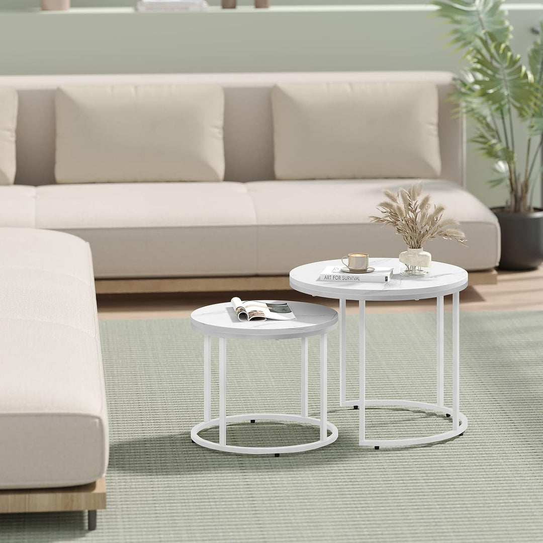 FORTENA 2er Set Couchtische, Schwarze oder goldene Metallbeine, Industrial-Stil, Raund (Marmor – Wei