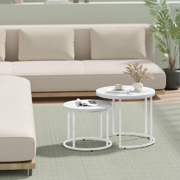 FORTENA 2er Set Couchtische, Schwarze oder goldene Metallbeine, Industrial-Stil, Raund (Marmor – Wei
