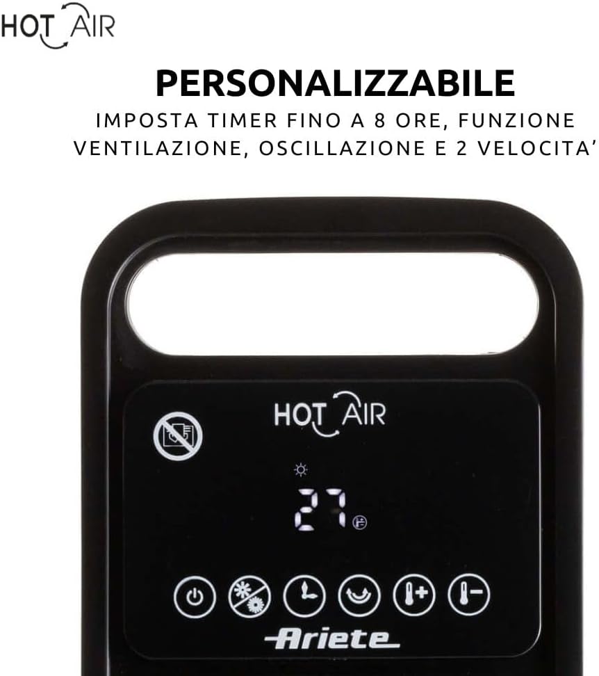 Ariete 8212 Elektrischer Turmheizer, 2000 W, Ventilationsfunktion, Oszillationsfunktion, Timer bis z
