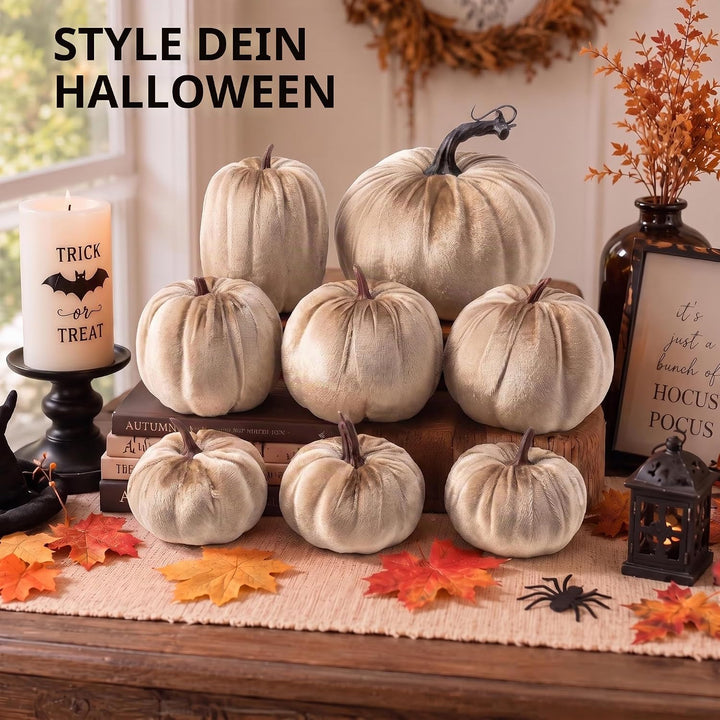 Meiwlong 8 Stück Künstlich Halloween Kürbisse Gefälscht Champagner Samt Tuch Dekoration Zuhause Küch