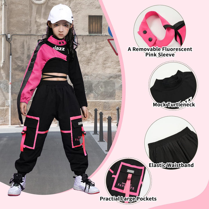 LOLANTA Hip Hop Kleidung Mädchen, Teenager Jazz Tanz Outfit,Bauchfreies Oberteil Cargohose Kleidungs