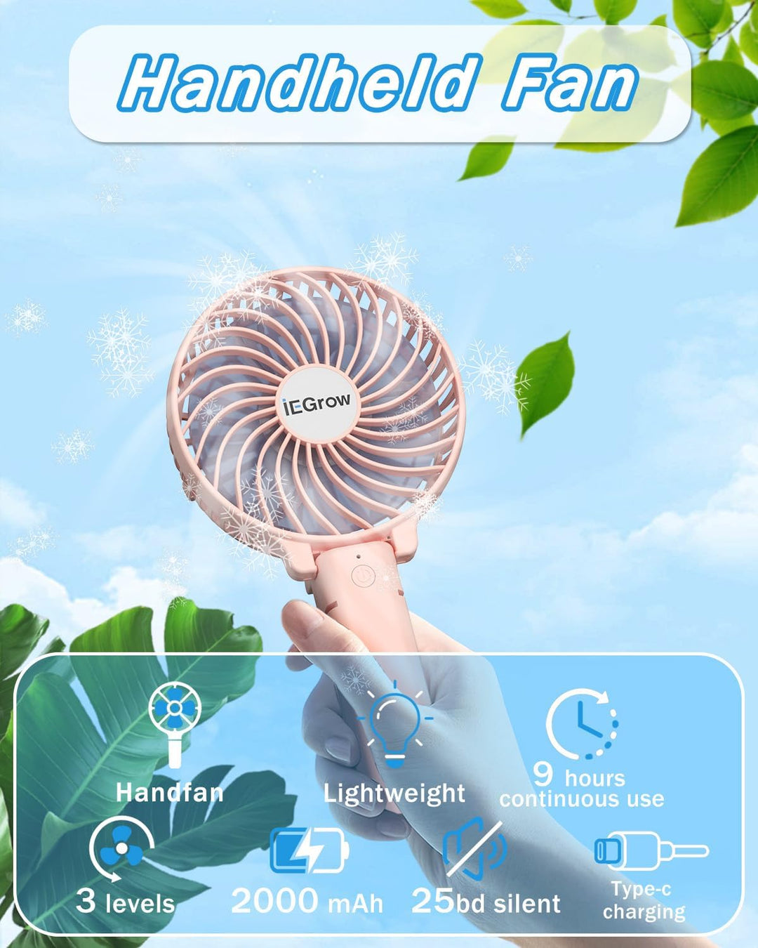 iEGrow Handventilator Tragbarer Mini Ventilatoren USB Wiederaufladbarer [2-9 Betriebsstunden] 3 Gesc