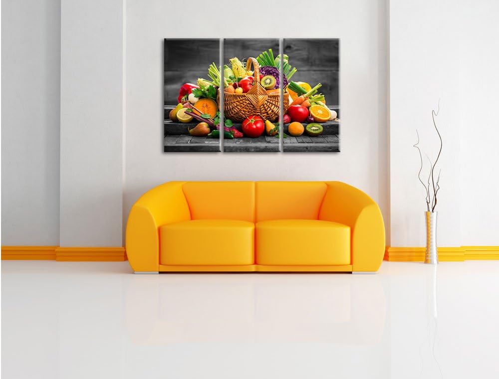 Pixxprint Frisches Obst und Gemüse im Korb als Leinwandbild/Grösse: 3 Teilig (120x80 cm) cm/Wandbild