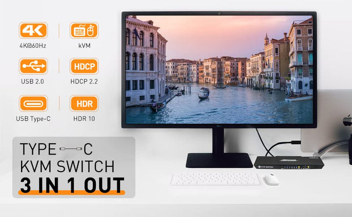 TESmart 3 Port USB Type C KVM Switch 4K@60Hz 4:4:4 Ultra HD | 3x1 USB C KVM-Umschalter 3 in 1 out Un