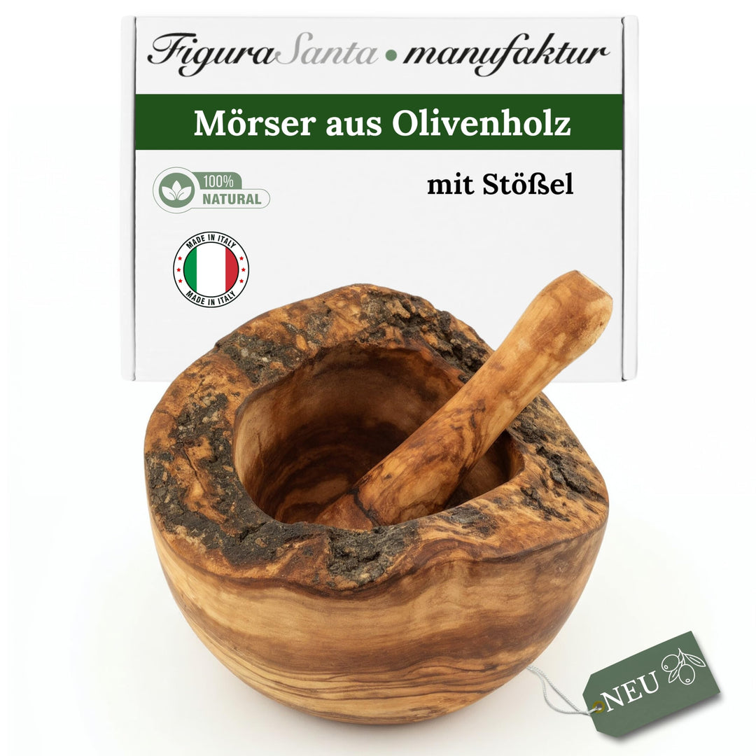 FiguraSanta Mörser rustikal aus Olivenholz mit Stössel - Handgefertigter Gewürz- & Kräutermörser - H