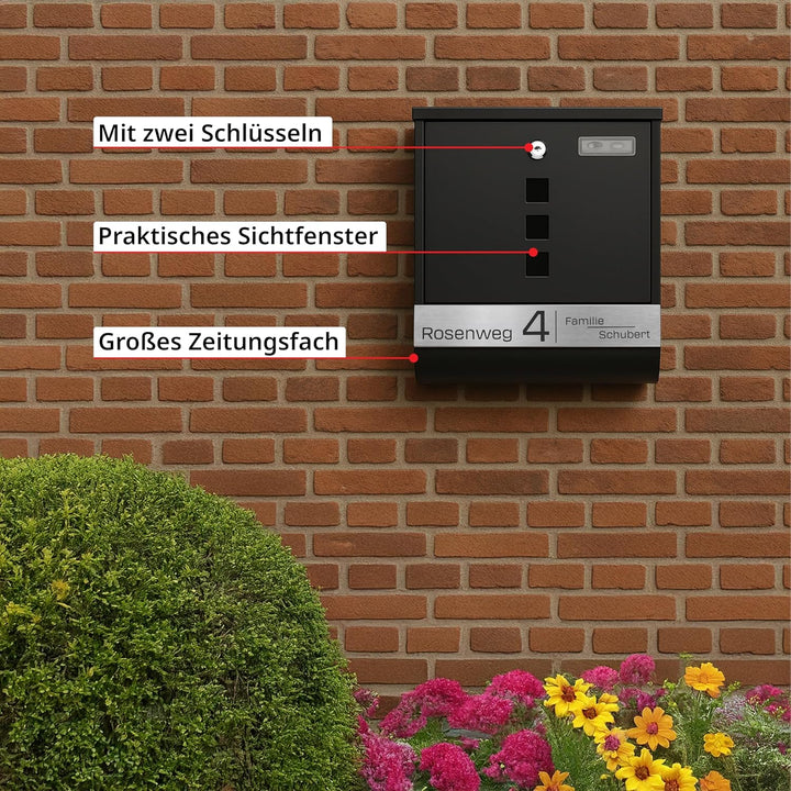 Grafner Briefkasten personalisiert, schwarz mit Zeitungsfach und 2 Schlüssel, V2A Namensschild, Post