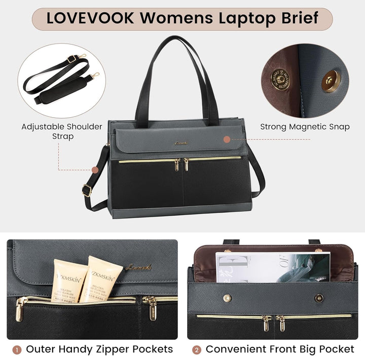 LOVEVOOK Laptop Handtasche Damen Gross, 15,6 Zoll Laptoptasche Elegant Shopper Tasche Damen, PU Lede