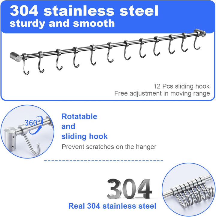 Geschirr hängende Rack mit 12 abnehmbaren Haken, Edelstahl Küche Schiene Pfanne Hanger Wandmontage O