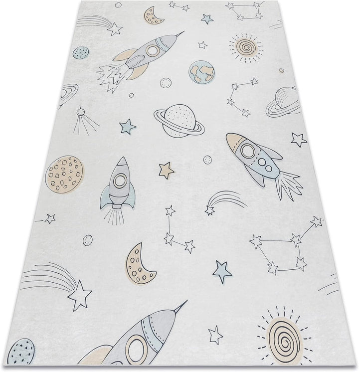 Kinderteppich Bambino Waschteppich Weltraum, Rakete für Kinder Anti-Rutsch - Creme 140x190 cm 140x19