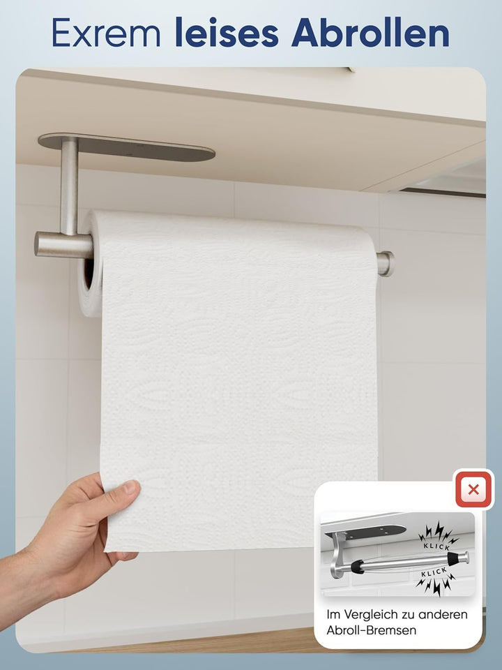WOHNHELD® Küchenrollenhalter ohne Bohren [Mit Abroll-Bremse] für einhändiges Abreissen - Edelstahl S